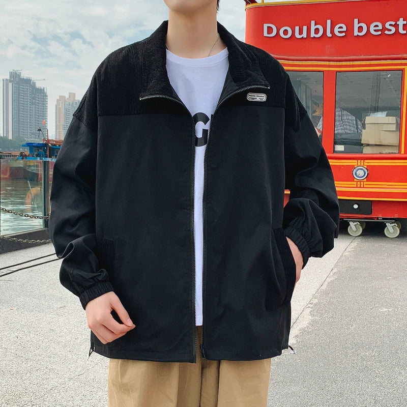 sanyamk New Casual Jacket Coat Men Corduroy Splicing Letter Embroidery Loose Top Clothing Black Khaki College Jackets For Man