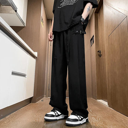 Bonsir Harajuku Streetwear Men Casual Straight Pants Male Fashion Plicated Long Trousers Ribbons Welt Man Pants Coffee/Black/Rice White