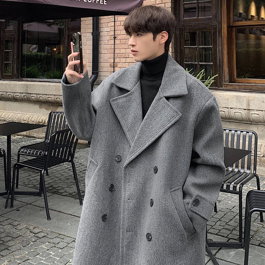 sanyamk Winter High Quality Woolen Trench Coats Men Korean Style Luxury Male Casual Trenchcoat Men's Streetwear Gray/Khaki/Black