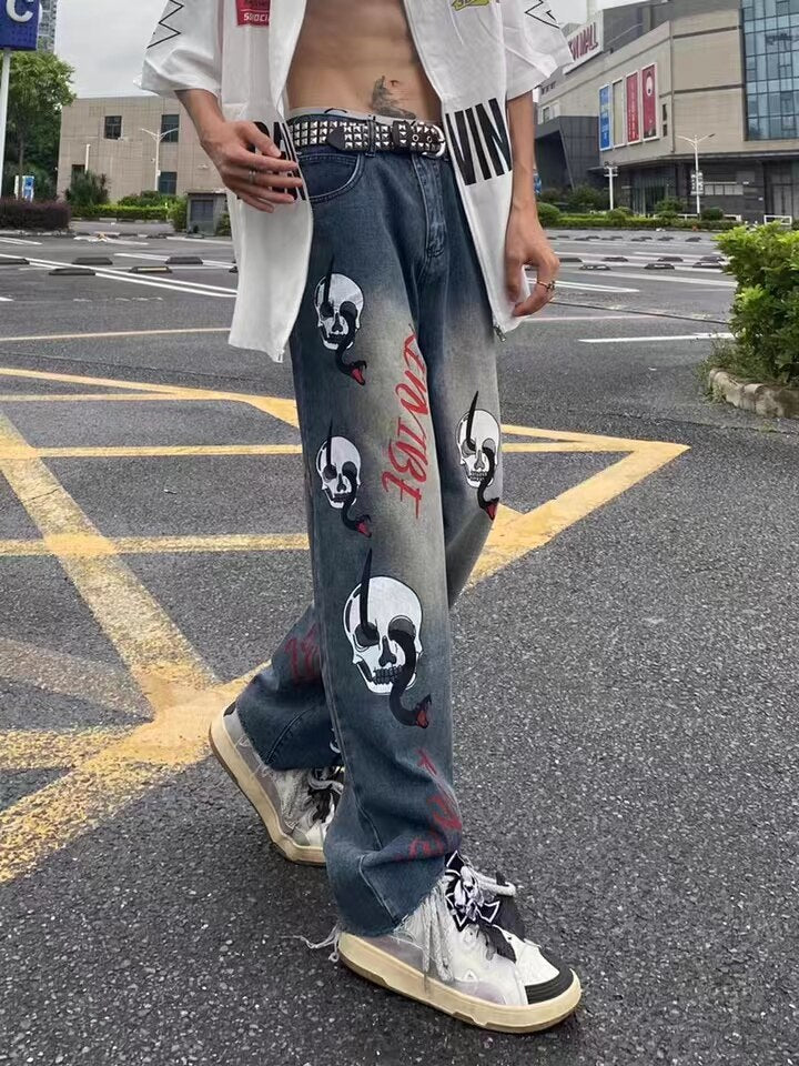 Bonsir Vibe Style Skull Letter Print Punk Men Baggy Jeans Pants Y2K Hombre Straight Loose Hip Hop Denim Trousers Pantalon Homme