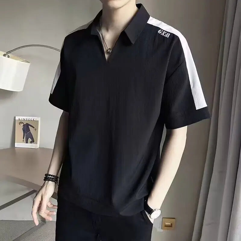 sanyamk Summer New Korean Fashion Trend Versatile Short Sleeved Polo Shirt Men's Lapel Patchwork Design Embroidery Loose Casual Thin Top