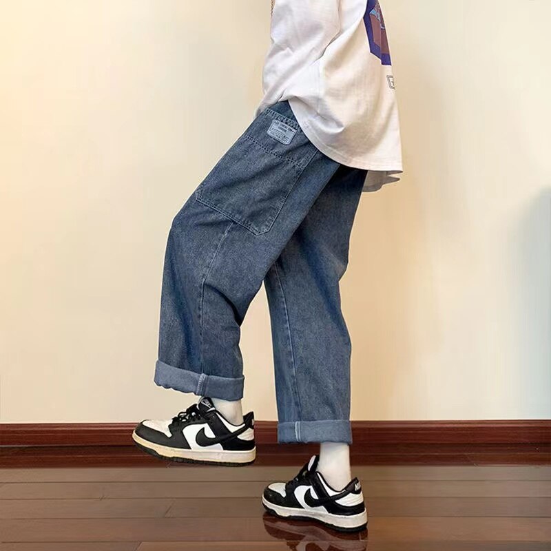 sanyamk Men's Vintage Work Clothes Jeans Fashion Trend Straight Pants Elastic Waist Trousers Blue Color Loose Casaul Pants S-2XL