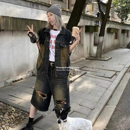 sanyamk New Ripped Baggy Jorts And Denim Jackets Vest For Men Women Summer Big Boy Jeans Shorts Retro Streetwear Fifth Pants