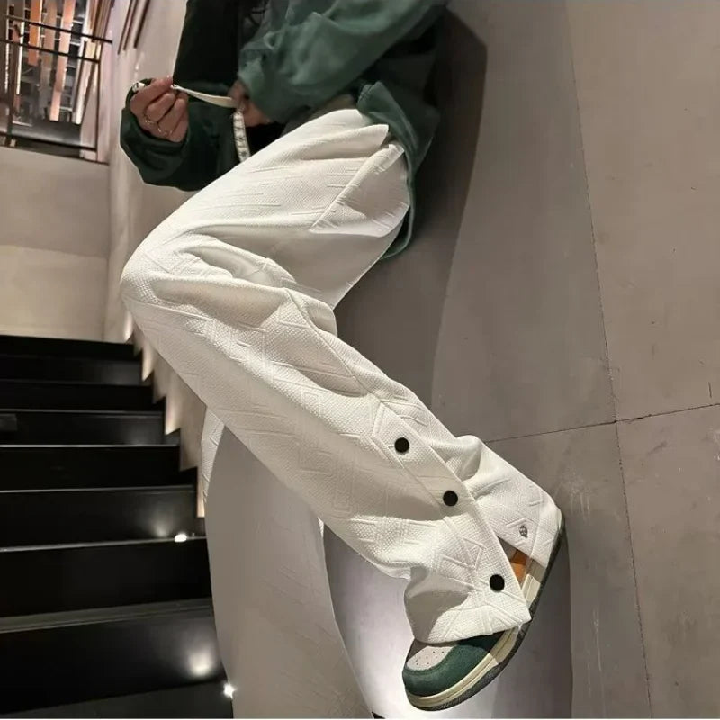 sanyamk High Street Vintage Casual Buckle Side Split Loose Wide Leg Pants Men's Solid Elastic Waist Drawstring Pockets Straight Trousers