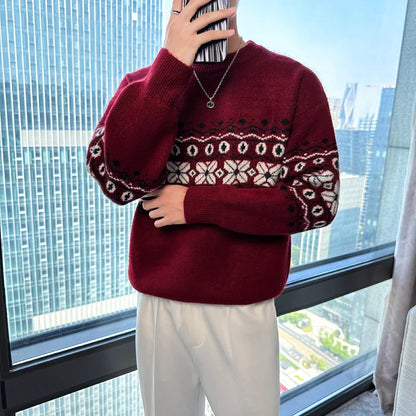 Bonsir Autumn Winter Mens Sweaters Coare Wool Vintage Style ClothesKnitted Floral Casual Jumper Long Sleeve Thick Warm Pullovers