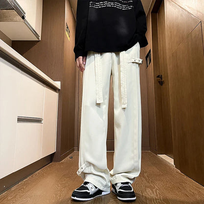 Bonsir Harajuku Streetwear Men Casual Straight Pants Male Fashion Plicated Long Trousers Ribbons Welt Man Pants Coffee/Black/Rice White