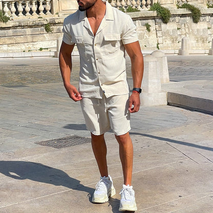 sanyamk Fashion Solid Color Short Sleeve Pockets Shirt And Shorts Men's Cotton Linen Set Spring Summer Men Clothing Two Piece Suits