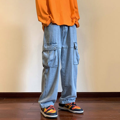 Bonsir Wide Leg Cargo Pants Autumn New Streetwear Baggy Hip Hop Jeans Big Pockets Men Korean Fashion Loose Straight Male Clothing Blue