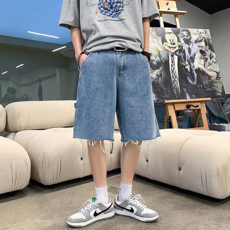 Bonsir Summer Blue Denim Shorts Men Fashion Retro Casual Straight Denim Shorts Mens Streetwear Loose Hip Hop Cargo Jeans Shorts Men