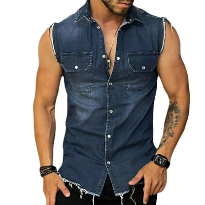 sanyamk Streetwear Mens Fashion Denim Vest Shirts Turn-down Collar Button-up Sleeveless Denim Tank Tops For Men Spring Summer Jean Vest