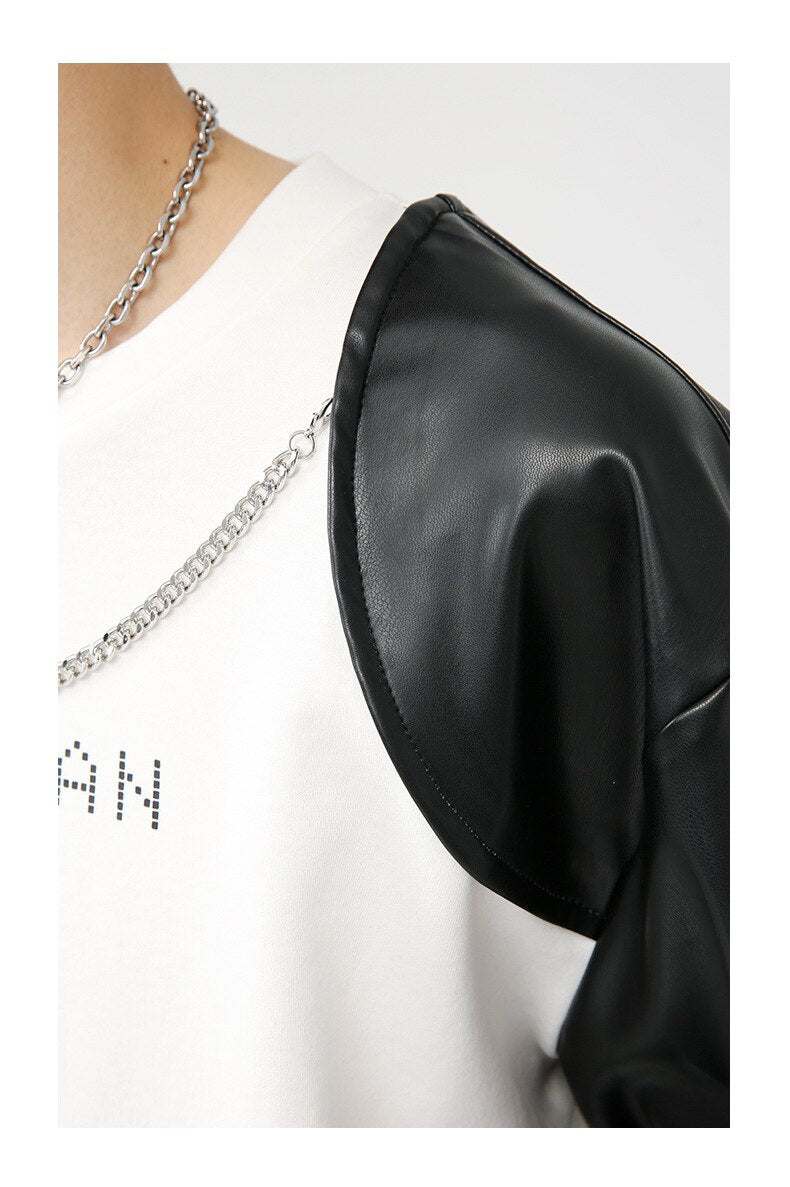 Bonsir Men Loose Letter Chain Splice Long Leather Sleeve T-shirt Male Women Korean Streetwear Fashion Hip Hop Tees Shirts Couple Tshirt