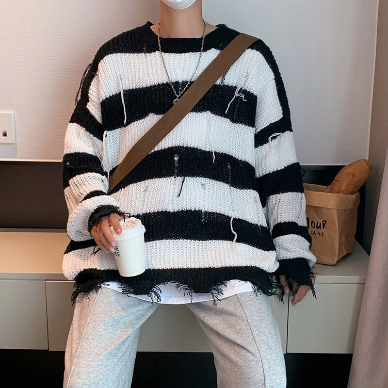 sanyamk Black and white striped sweater Japanese retro men's oversize high street hole knitted sweater couple autumn clothes