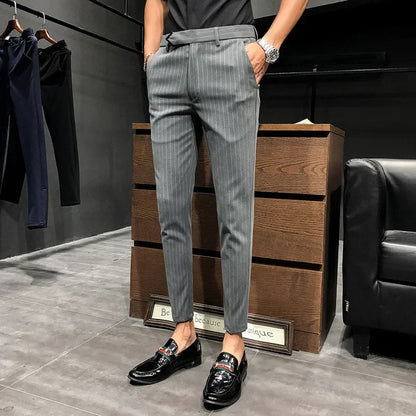 sanyamk   -  British Style Suit Pants Men Dress Pants Social Slim Fit Office Trousers Men Grey Spring New Striped Belt Trousers Men's