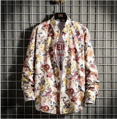 sanyamk Floral Print Long Sleeve Shirts Spring Summer Mens Casual Slim Cardigan Lapel Beach Shirt Fashion Versatile Top Streetwear Male