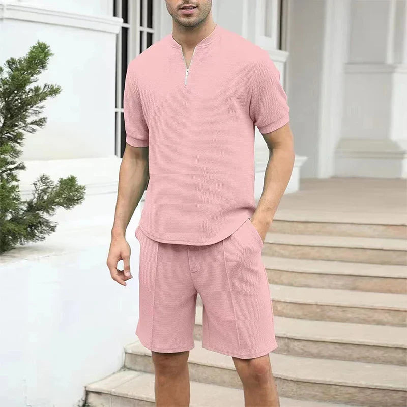 sanyamk New Casual Two Piece Sets Mens Outfit 2024 Spring Summer Fashion Zipper V Neck Short Sleeve T Shirts And Shorts Men Solid Suits