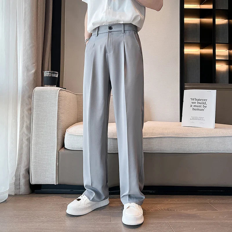 sanyamk Summer Men Thin Casual Suit Pants Long Straight Drape Silky Wide Loose Trousers Male Elastic Waist Oversize Clothes Black White