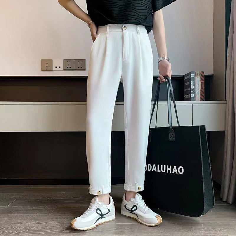 sanyamk Summer Men's Fashion Trend Ice Silk Fabric Suit Pants White/black/green Color Nine Point Casual Pants High-quality Trousers