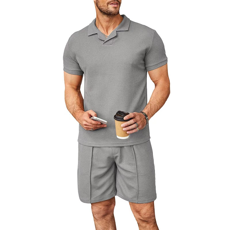 sanyamk Solid Color Ribbed Two Piece Sets Men Fashion Short Sleeve Lapel Polo Shirts And Shorts Suits For Men's Summer Clothing