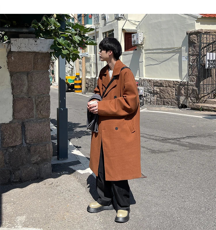 Bonsir Autumn/Winter Mid Length Woolen Coat Men's Thickened Windbreaker Overcoat Loose Large Handsome Parka Fashion Daily Men Clothing