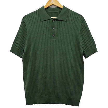 sanyamk Summer Men's Retro Knitting Lapel Stripe POLO Shirt Solid Color Thin Cozy Short Sleeve T-Shirt 2024 New