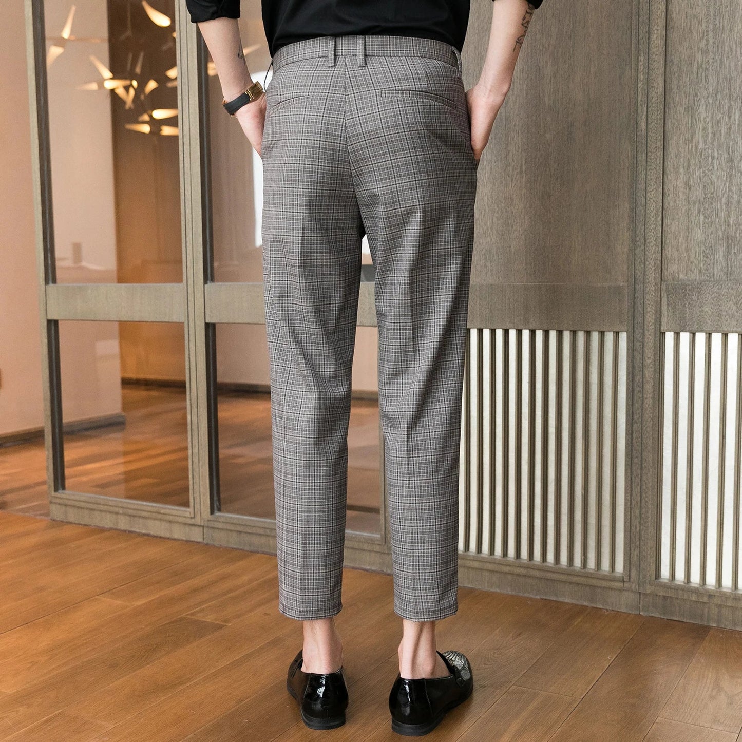 sanyamk Spring Business Casual Pants Korean Version Nine Pants Fashion Man Plaid Trousers Men High-Quality Social Slim Suit Pants