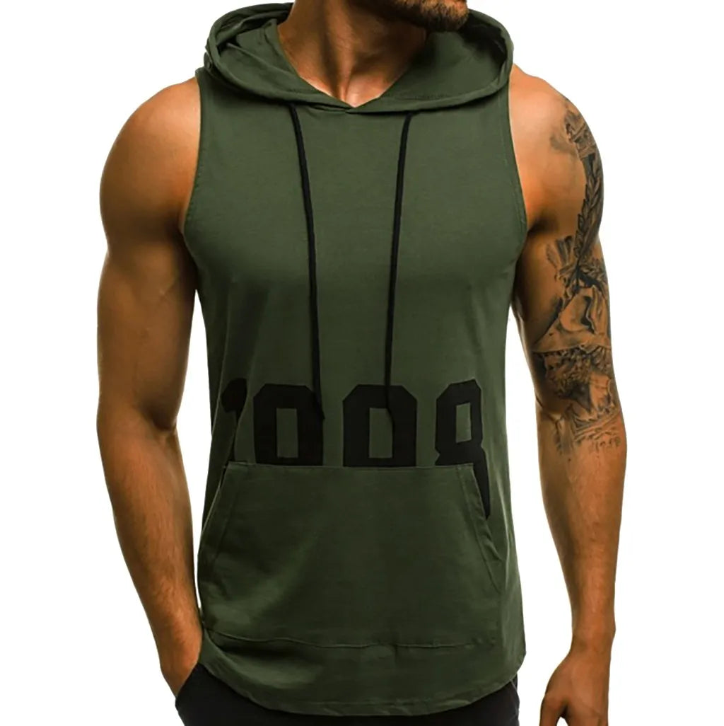 sanyamk Sports Tank Tops Men Fitness Muscle Print Sleeveless Hooded Bodybuilding Pocket Tight-drying Tops Summer Shirt For Men Clothing