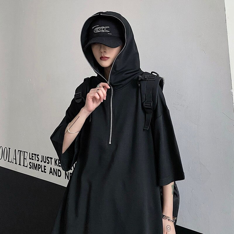 Bonsir Summer Korean style street personality solid color loose simple wild zipper hooded short-sleeved T-shirt for men