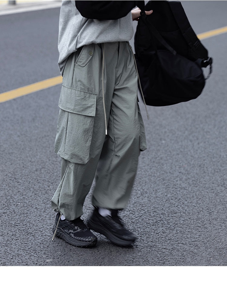 Bonsir Summer Oversized Cargo Pants Men Fashion Pocket Casual Pants Mens Japanese Streetwear Loose Hip Hop Straight Pants Mens Trousers