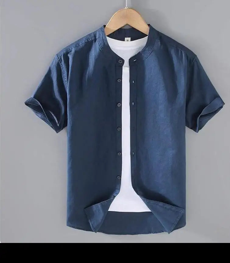 sanyamk Cotton Linen Hot Sale Men's Short-Sleeved Shirts Summer Streetwear Plain Color Stand Collar Casual Beach Style Plus Size M-3XL