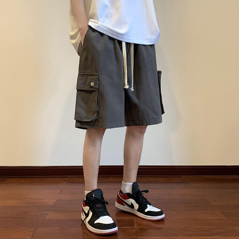 sanyamk Summer Cotton Shorts Men Fashion Retro Pocket Shorts Japanese Mens Streetwear Hip-hop Loose Straight Shorts Men Cargo Pants