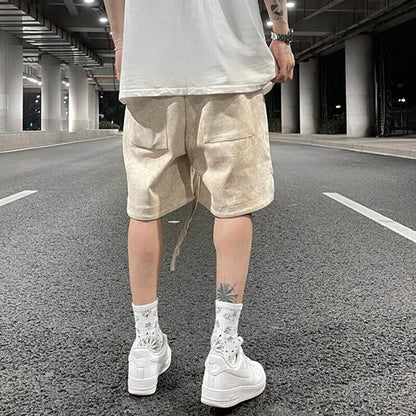 sanyamk Harajuku Suede Cashew Flower Print Men's Casual Drawstring Summer Shorts Retro High Street Oversized Wide Leg Five Point Pants