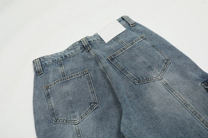 sanyamk High Street Washed Pockets Retro Jeans Pants for Men Straight Distressed Casual Baggy Denim Trousers Loose Hip Hop Cargos