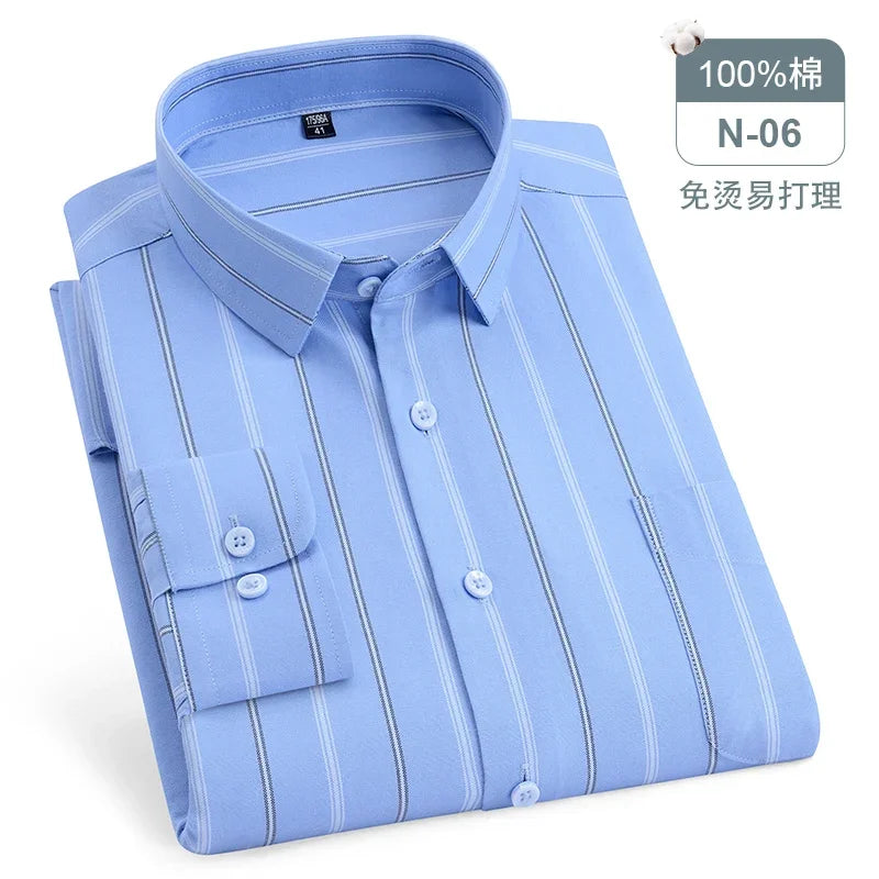 sanyamk Quality 100%Pure Cotton Men Long Sleeve Social Shirt for Oxford Shirt Men Plaid Striped Work Casual Shirt Male Regular-Fit S-8XL