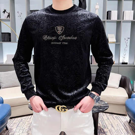 Bonsir Velvet Rhinestone T-shirt Men Fashion Long Sleeve Sweatshirt Casual Pullover Business Social Streetwear Men Clothing