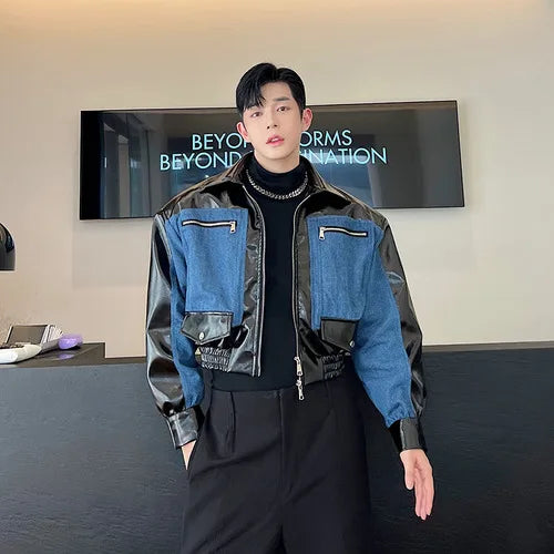 sanyamk 2024 Spring New Fashion Denim Leather Splicing Design Elegant Short Jacket Men's High Quality Korean Handsome Coat