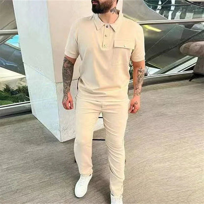 sanyamk Casual Short Sleeve Button Shirts & Work Pants Sets Summer Turn Down Collar Solid Two-piece Tracksuit Men Clothing Outfits