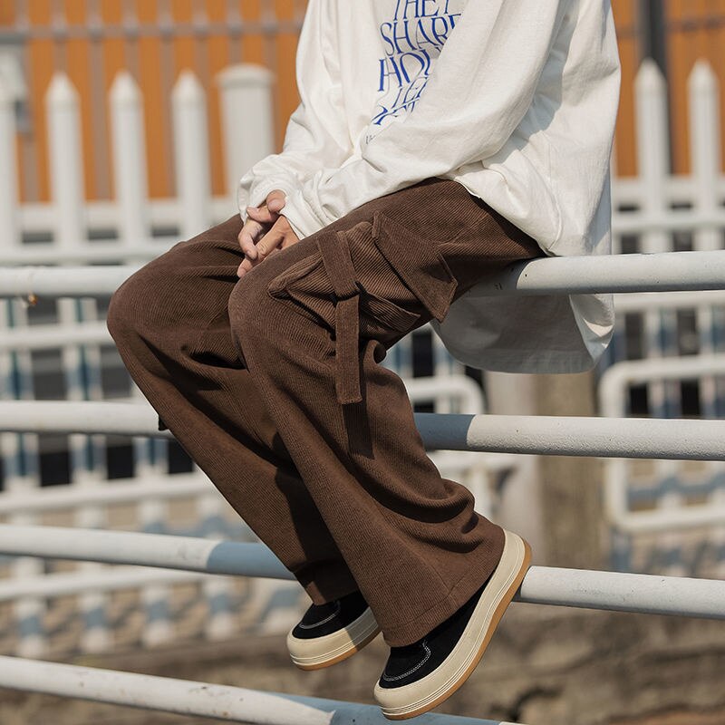 Bonsir Brown Black Corduroy Pants Men Fashion Pocket Cargo Pants Men Japanese Streetwear Hip Hop Loose Straight Pants Mens Trousers