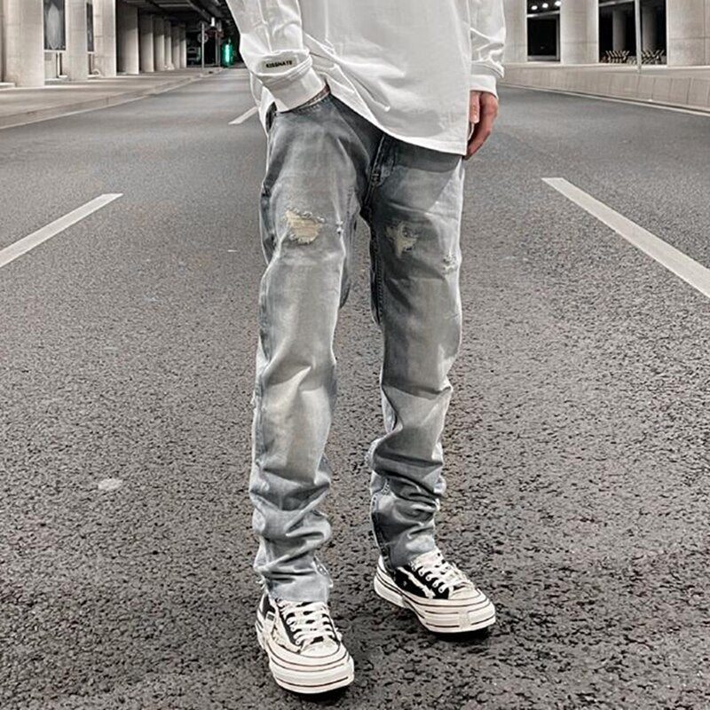 Bonsir Ripped Hole Distressed Black Blue Washed Men's Jeans Straight Casual Baggy Pockets Pencil Pants Streetwear Loose Denim Trousers