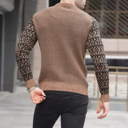 Bonsir Vintage Pattern Patchwork Long Sleeve Sweater Men Autumn Fashion Crew Neck Knitted Tops Pullover Mens Casual Slim Knit Sweaters