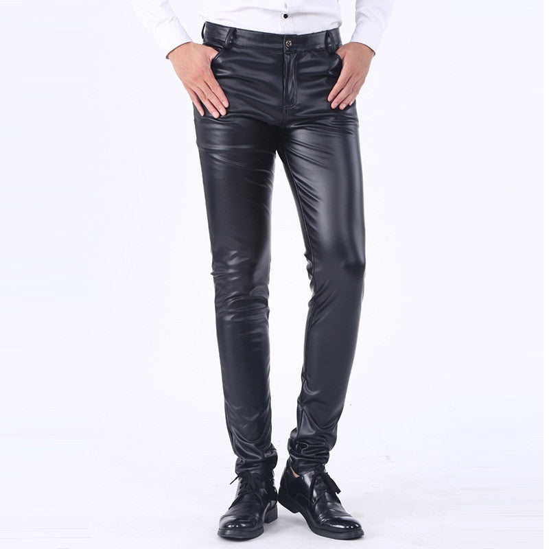 Bonsir Men's Leather Pants Spring Autumn Slim Fit Elastic Style Male Fashion PU Leather Trousers Moto Pants Solid Color Casual Bottoms