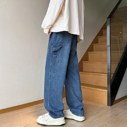 sanyamk Cargo Jeans Men's Baggy Wide Leg Denim Trousers Streetwear Spring Fashion Straight Elastic Waist Korean Stitching Hip-hop Pants