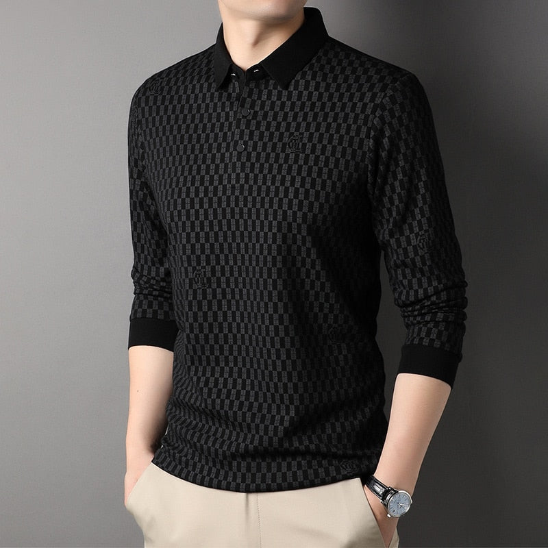 sanyamk Top Grade Wool 4.7% Traceless New Fashion Brand Luxury Mens Designer Polo Shirt Simple Casual Long Sleeve Tops Men Clothing