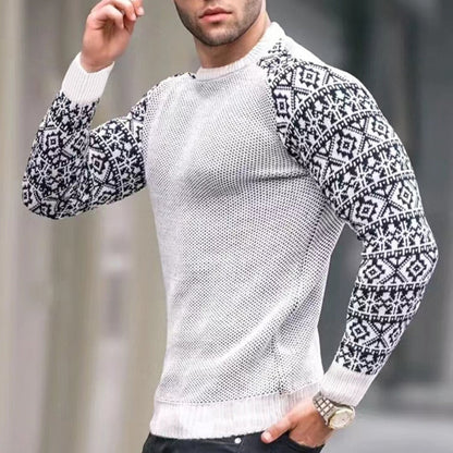 Bonsir Vintage Pattern Patchwork Long Sleeve Sweater Men Autumn Fashion Crew Neck Knitted Tops Pullover Mens Casual Slim Knit Sweaters