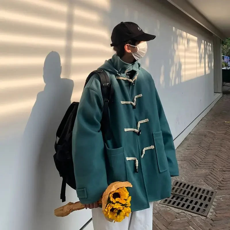 sanyamk Hooded woolen coat men Hong Kong style trend ins spring and autumn new horn button short windbreaker Harajuku jacket top student