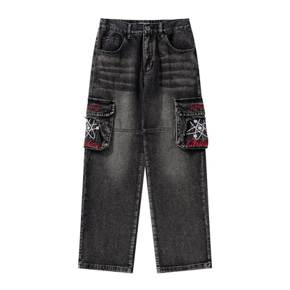 sanyamk Distressed Embroidery Pockets Elastic Waist Retro Jeans Pants Men and Women Straight Washed Casual Baggy Denim Trousers