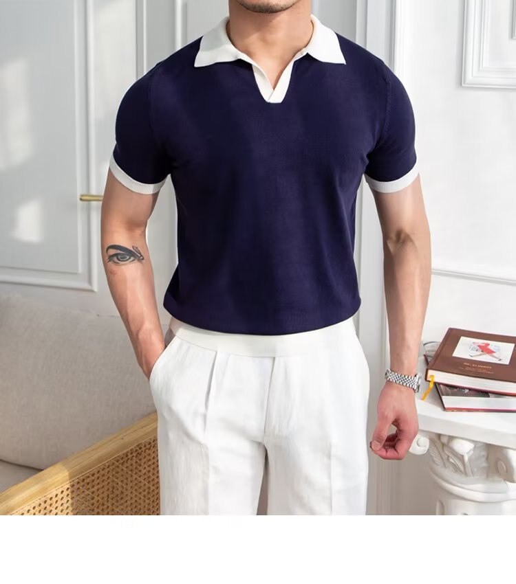 sanyamk New Summer Polo Shirt Color Contrast Knitted Polo Mens Polo Collar Versatile T-Shirt Fashion Trend New Product