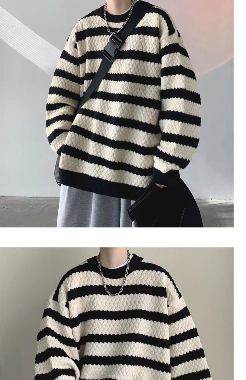 sanyamk Winter Men's Stripe Printing Coats Round Neck Wool Sweater Retro Loose Pullover Fashion Trend Thickened Knitting M-2XL