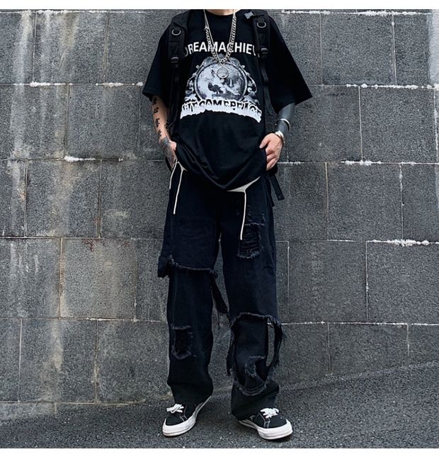 Bonsir High Street Dark Personality Destroys Raw Edge Fake Two Trendy Jeans Ripped Harajuku Punk Wide-leg Straight Denim Pants Black