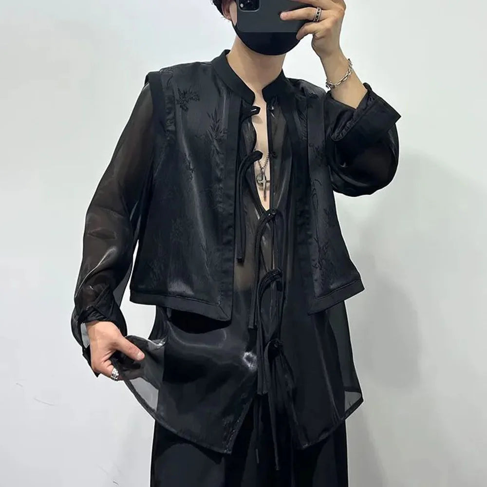 Bonsir Summer Dark Shirt Men Fashion Fake Two Piece Vest Stitching See Through Shirts Trendy Streetwear Long Sleeve Stand Collar Blouse