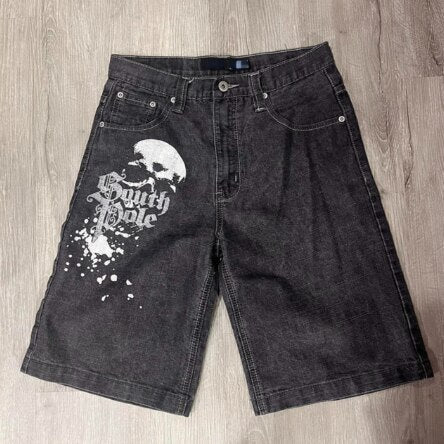 sanyamk American Street Dark Spider Denim Shorts Men European High Street Retro Washed Straight Vibe National Tide Five-point Pants